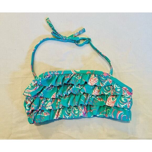 Lands End Teal Ruffled Flamingo Halter Bikini Top - Size 7 - Picture 1 of 4